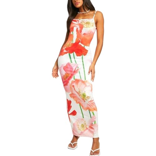 Image of Womens Summer Casual Floral Dresses Spaghetti Strap Bodycon Maxi Beach Dress Elegant Evening Party Long Dresses (US, Alpha, Medium, Regular, Regular, B White)