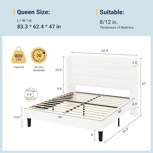 Image of Allewie Queen Size Platform Bed Frame with Velvet Upholstered Wingback Headboard, No Box Spring Needed, Under Bed Storage Space, Strong Wooden Slats, Modern Mattress Foundation, Easy Assembly, White
