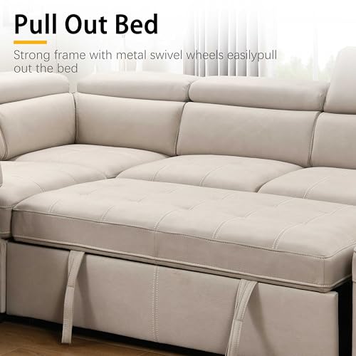 THSUPER 104'' Microfiber L Shaped Sectional Sleeper Sofa Couch with Pull Out Bed and Storage Ottoman, Convertible Couches with Adjustable Headrest for Living Room, Right Facing Chaise. Beige