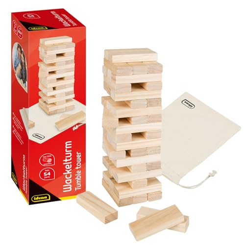 Idena 40087 - Conjunto de torre de madeira, conjunto de habilidade com 54 blocos de construção e saco de armazenamento, aprox. 8 x 8 x 26 cm Torre empilhável grande