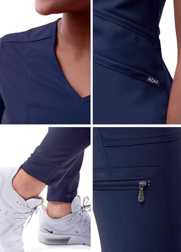 Adar Pro Modern Athletic Scrub Set For Women - Modern V-Neck Scrub Top & Yoga Jogger Scrub Pants - P9500 - Navy - L