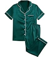 Umenlele Women's Satin Pajamas Short Sleeve Loungewear and Long Pant Two Piece Sleepwear Button-D...