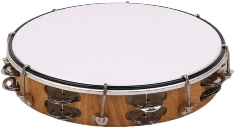 Tambourine Adjustable Tuning 10 Inch Wooden Frame Drum Double Row Jingles Hand Percussion Instrument for Stage Performance Studio Recording Acoustic Rhythm Control