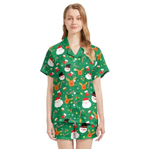 Image of Funny Satin Pajamas Set for Women Button Down Sleepwear Print Pjs Set 2 Piece Short Sleeve Loungewear Gift for Women