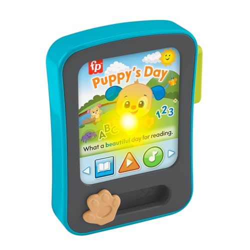 Fisher-Price Laugh & Learn Perrito Lector de historias Tableta de aprendizaje para bebés con música y luces, para niños y niñas +6 meses, multilingüe: Inglés, Italiano, Portugués, Español, JFJ88