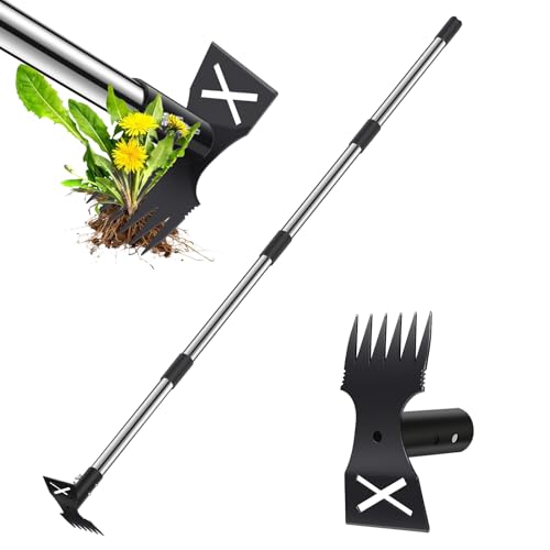 vomsocs Weed Puller Tool - Heavy Duty Manual Weeder Remover, with 60" Long Handle, 2 in 1 Gardening Tools for Lawn and Garden,Stand Up Weed Puller for Yard, Patio Weeding & Soil Leveling