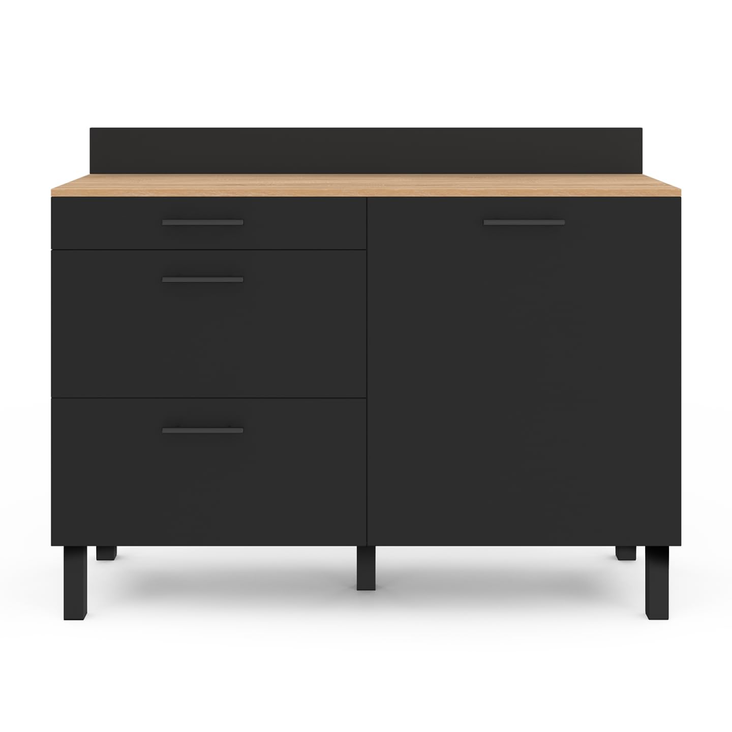 IDMarket - Buffet Bas casserolier de Cuisine 120 cm CINA Plan de Travail H.83 cm 1 Porte + 3 tiroirs façon hêtre et Noir