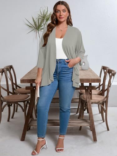 AusLook Women's Plus Size 3/4 Sleeve Lightweight Open Front Cardigan Light Gray 4X Draped Ruffles Causal Cover Ups Shrugs Tops Shawls and Wraps Kimono Jacket Coat — view 4