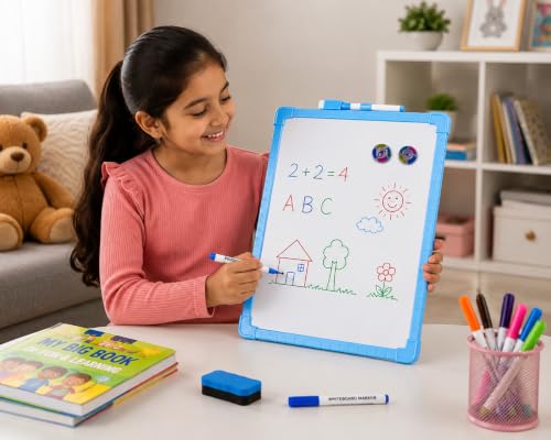 Image of YAJNAS Double-Sided Magnetic Whiteboard with Colorful Frame, 20x30 CM, Pack of 1, Includes 1 Marker Pen & 2 Magnets, Reusable Dry Erase Writing Board for Kids, Students, Teaching, & Office