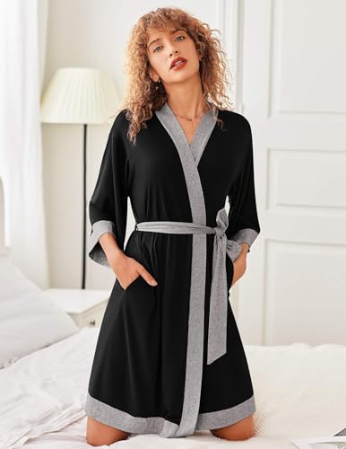 Ekouaer Robes for Women Knee Length Bathrobe Lightweight Kimono Robe 3/4 Sleeve Knit Sleepwear with Pockets2