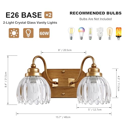 Image of Vintage Gold Bathroom Light Fixtures,2 Light Tulip Crystal | Brushed Gold Vanity Lights,Matte Antique Brass Finish, Mid Century Style,Wall Sconces for Bedroom, Hallway, Easy To Install