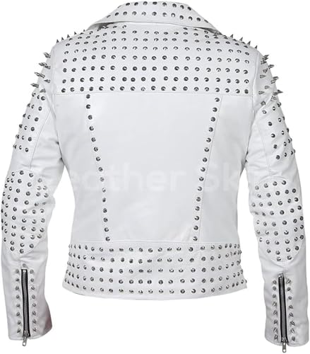 Mens White Leather Studded Jacket Spikes Punk Style Leather Biker Fashion Jacket Rockstar Concert2