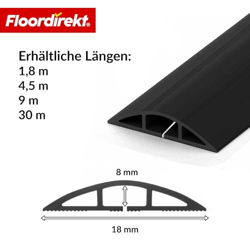 Floordirekt Fussboden Kabelkanal Stolperschutz - Schwarz 1,8m - Boden Kabelschutz - für 2 Kabel - effektiver Stolperschutz, flexibel & zuschneidbar - Cable Guard