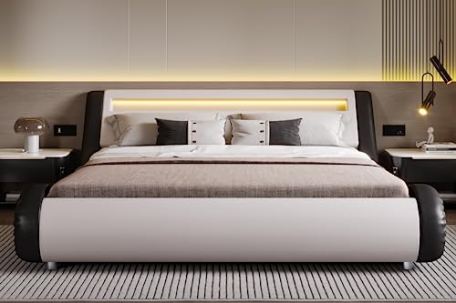 Image of SHA CERLIN King Bed Frame with Upholstered LED Headboard, Black and White