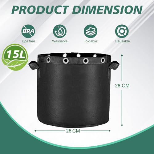 Zouway 5X Pflanzsack 15L aus Vliesstoff, Pflanzsäcke für Niedrigstress Pflanzentraining, Wiederverwendbarer Pflanzkübel, Stofftopf für Balkon Terrasse Gewächshaus & Garten (15L)