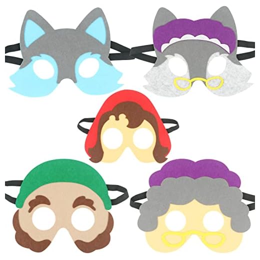 INF-STAR Little Red Riding Hood & Big Wolf Masks Costume for Kids, 5pcs Half Face Felt Masks for Toddlers Costume Parties, Classroom Activities, Storytelling, Halloween Masks