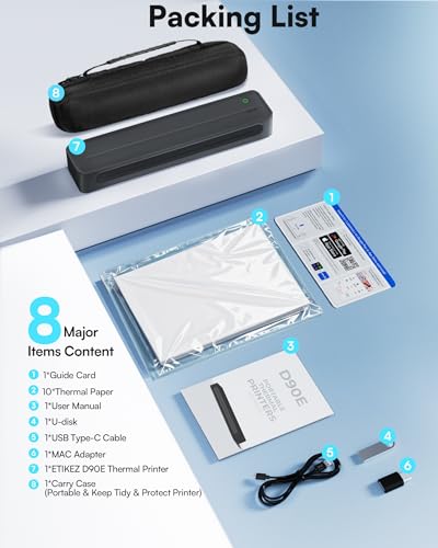 Image of D90E Inkless Portable Printer for Travel, Supports 8.5 x 11 Inch Thermal Paper Wireless Thermal Printer Bluetooth, with Travel Case & 10 Sheets for Students, Office, School, Black 1pack