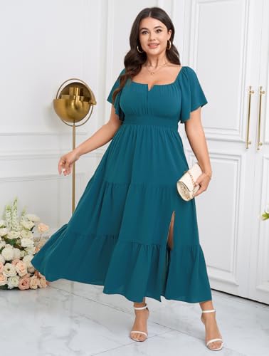 Image of SCOMCHIC Womens Plus Size Maxi Dress Formal Short Sleeve Square Neck Smocked Side Split Flowy A Line Tiered Long Dress