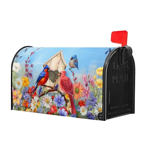 Image of Cardinal Bird Spring Farmhouse Mailbox Decorations - Colorful Magnetic Mailbox Wrap Post Letter Box Cover, Standard Size 25x21in