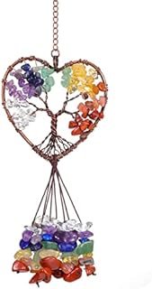 CrystalTears Chakra Healing Crystals Hanging Ornament Handmade Tree of Life Wire Wrapped Heart Shape Quartz Crystal Stone Car Rear View Mirror Hanging Acceissories Wall Home Christmas Decor