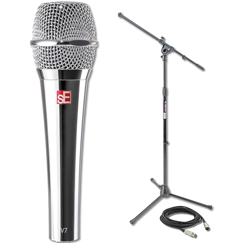 sE Electronics V7 (Chrome) Supercardioid Dynamic Handheld Vocal Microphone with Tripod Microphone Stand and XLR Cable