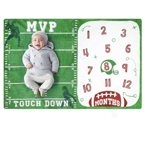 Image of Gicoherero Football Baby Monthly Milestone Blanket Sports Month Blankets Growth Chart Nursery Swaddling Blankets Gift Ideas for Newborn Baby Shower Photography Background Prop Soft Plush