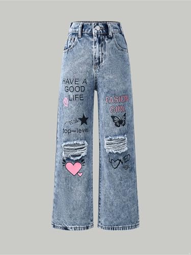 JEYPINMI Girl's Elastic Waist Baggy Trousers Wide Leg Denim Pants Streetwear Trendy Bottoms Bootcut Ripped Jeans4