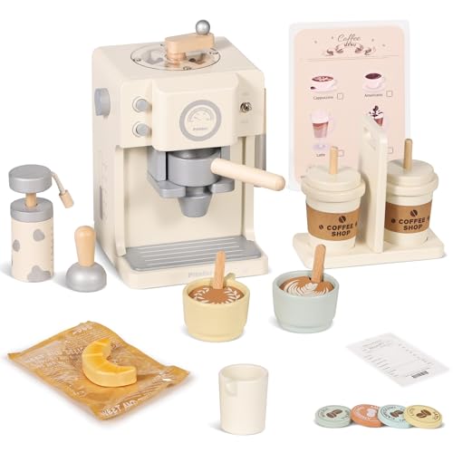 Pithfor Kids Wooden Coffee Playset with Grinder Toy Coffee Maker for Kids Toddlers Pretend Play Kitchen Appliances & Accessories Toy Gift for Boys Girls