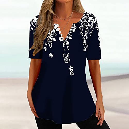 playera de manga corta para mujer, cuello en V, estampado floral, ajuste holgado, playera larga para