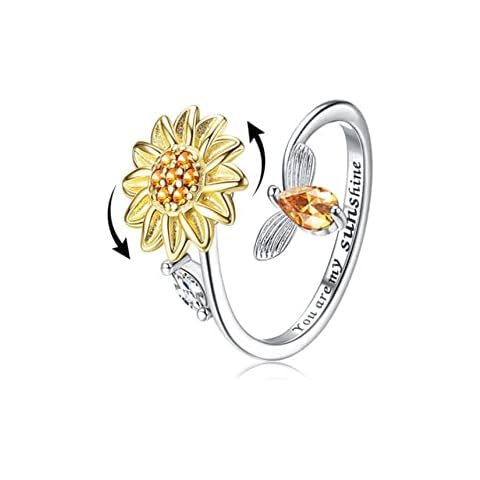 ZYHO Silver Fidget Rings for Women Adjustable Open Ring Cubic Zirconia Sunflower You are My Sunshine Spinner Ring Gift for Valentine's Day Cover