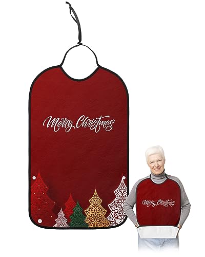 Adult Bibs for Elderly Women - Christmas Tree Waterproof Dining Clothing Protectors with Crumb Catcher for Eating/Feeding, Red Green Yellow White Xmas Tree Merry Christmas Terry Cloth Bib Washable