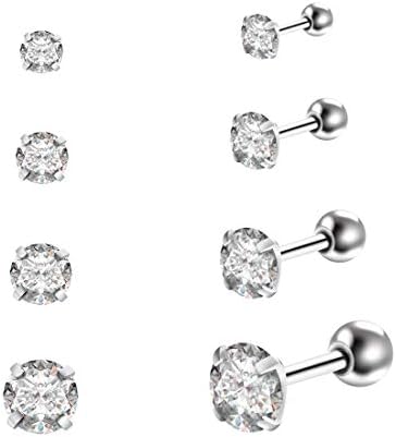 8pcs Cartilage Earrings Stud Sets with Cubic Zirconia,16G Surgical Steel Helix Earrings Piercing Jewelry,2mm-5mm,Silver