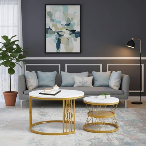 Image of Modern Nested Coffee Table Set of 2 | Round Marble Finish Tabletop with Metal Base | Luxury Center Table for Living Room, Lounge & Office (Ring White Gold)