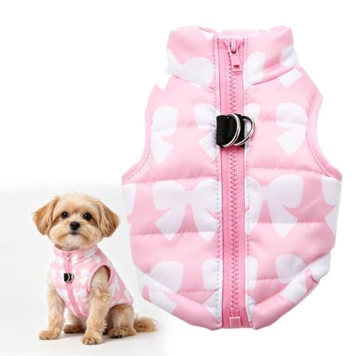 Image of Small Dog Cat Winter Coat Harness Jacket with D-Ring, Boy Girl Pet Puppy Padded Bomber Vest with Zip-Up Closure, No Pull Chihuahua Clothes with Bow Print, Pink, XS (Neck 20cm, Back 19cm, Chest 30cm)
