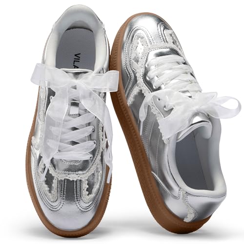 Vilanva Womens Lace Detail Fashion Sneakers Comfortable Casual Dress Sneakers with Retro Gum Sole Walking Trendy Footwear