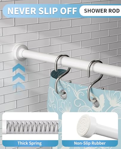Image of White Shower Curtain Rod 34-82 Inches(2.8-6.8ft) Adjustable Shower Rod No Drilling Non-slip Never Rust Shower Tension Rod for Bathroom Bedroom Windows Outdoor Garden