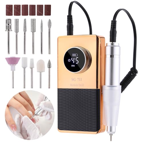 Image of Electric 45000RPM Nail Drill Machine Rechargeable Portable Nail File Electric DIY Nail Drill Kit with Smart LCD Screen for Gel Nail Manicure and Pedicure Reflective Body etc (Yellow)