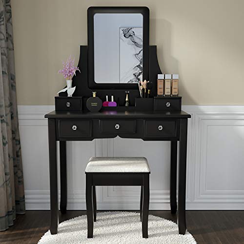 Amooly Vanity Set with Mirror,5 Large Sliding Drawers, Removable Makeup Organizer,Cushioned Stool Dressing Table Vanity Makeup Table Black