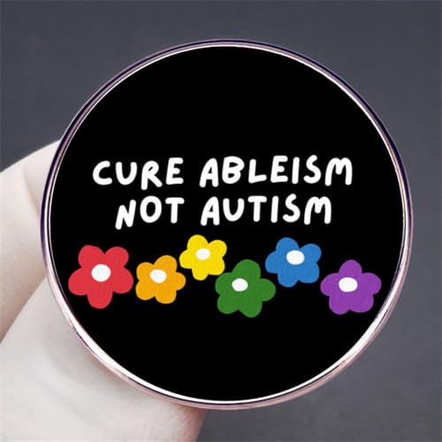 Image of Cartoon Rainbow Sunflower Enamel Pin CURE ABLEISM NOT AUTISM Round Brooch Autism Awareness Metal Badges Clothes Backpack Decoration Jewelry Gifts, Black