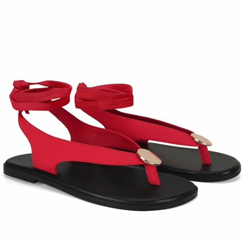 Image of Flat Sandals for Women Strappy Sandals Comfortable Dressy Beach Flip Flop Slides Thong Sandals for Women with Metal Circular