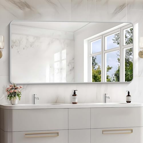 Image of 30x60 Inch Silver Bathroom Mirror, Large Rectangular Vanity Mirror, Metal Framed Rectangle Mirror, Rounded Corner Wall Mounted Mirrors for Living Room Bedroom Entryway Horizontal or Vertical