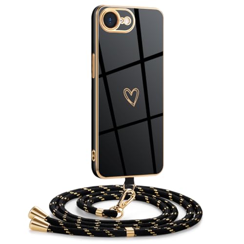 Mkej Funda para iPhone 16E con Cuerda, Silicona diseño de corazón con Chapado en Oro de Lujo, Ajustable y Retirable Cordon Carcasa Case para iPhone 16E, Oro Negro