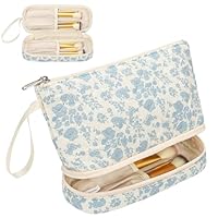 Ethereal Small Makeup Bag, 2 Layers Travel Make up Organizer Bag with Makeup Brush Holder, Portable Cosmetic Bag for Women/Girls, Blue Flower