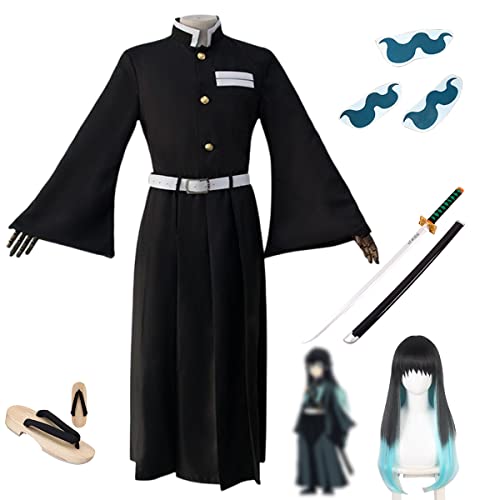 時透無一郎コスプレ 和服 同人服 武士服 衣装 ウイッグ&刀&下駄＆刀＆タトゥーシール付き 鬼滅の刃 刀鍛冶の里編周辺コスプレ 甘露寺 蜜璃/炭治郎/禰豆子/我妻善逸/伊之助 cosplay 仮装 変装 アニメコスチューム クリスマス ハロウィーン パーティー イベント 贈り物 (時透無一郎衣装セット+ウイッグ+刀+下駄+刀+タトゥーシール,M)