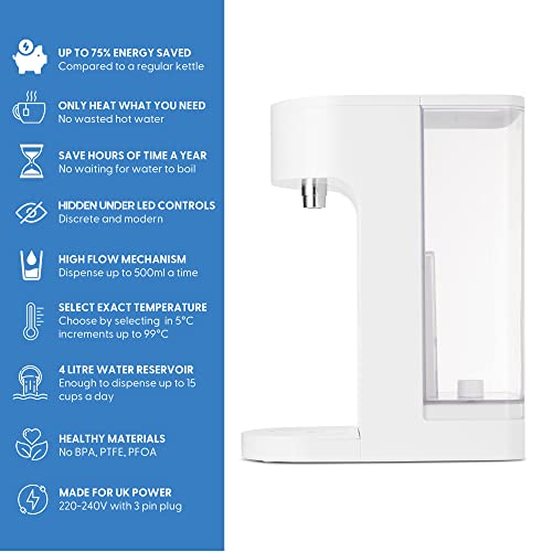 Yum Asia Oyu Digital Instant Hot Water Dispenser with white 'Hidden Under' LED touch display, 4 Litre capacity, Ecoboil, InstaHEAT technology, 220-240V UK/EU Power