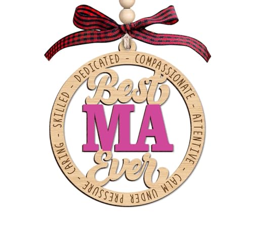 TTHDesigns Best Ma Ever Ornament - Wooden Christmas Tree Decoration - Rustic Hanging Circle Design with Positive Words Loving Caring Compassionate Dedicated Decorative Keepsake for Holiday Season