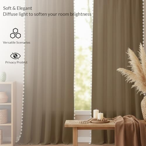 Image of HOMEMONDE Sheer 8 Feet Curtains with Decorative Side Border Pompom Curtain for Long Door, Linen Textured Light Filtering, Rod Pocket - 1 Piece - (96 Inch, Dark Brown)