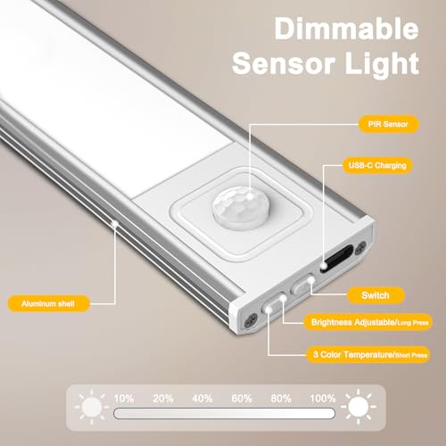 Onforu 13.8" Under Cabinet Lighting, 2700mAh USB-C Rechargeable, Motion Sensor Under Cabinet Lights with 3 Color & Dimmable, Magnetic Under Counter Lights for Kitchen, Closet, 6 Pack - image 9