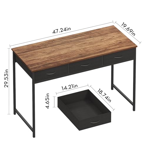 Image of WOHOMO Computer Desk with 3 Drawers, 47.2 Inch Small Vanity Desk with Storage, Home Office Bedroom Desk for Small Spaces, Modern Work Writing Study Gaming Tables, Rustic Brown