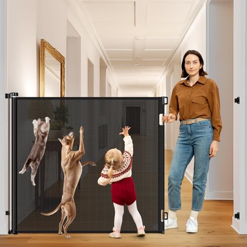 48 Inch Extra Tall Dog Gate Retractable Baby Gates Extra Wide Retractable Dog Gate Indoor 85" Wide Mesh Baby Gates for Doorways Scratch-Resistant 4ft Tall Prevent Kids/Pets from Jumping Over, Black